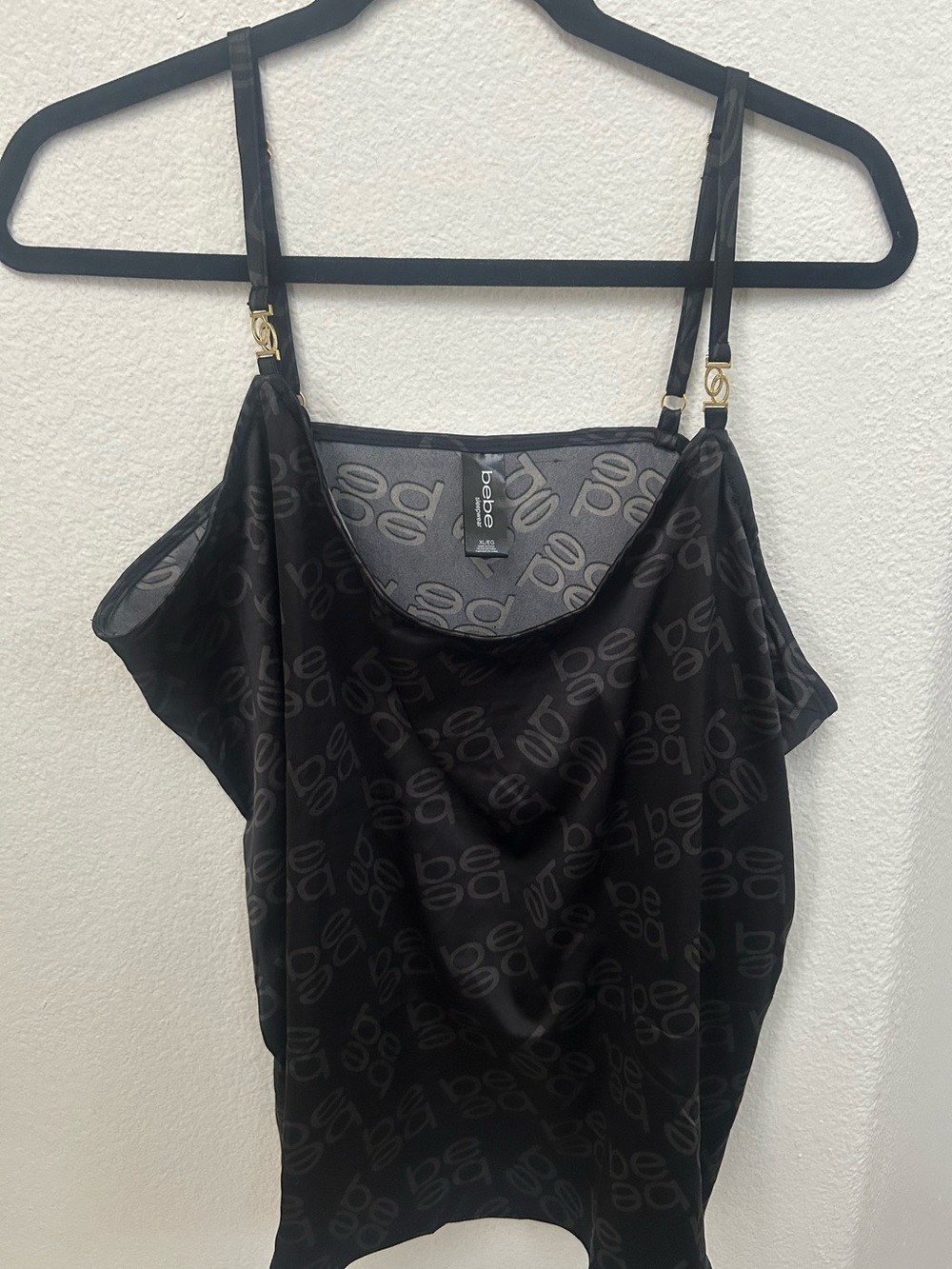 bebe Black Satin Logo Cold-Shoulder Cami